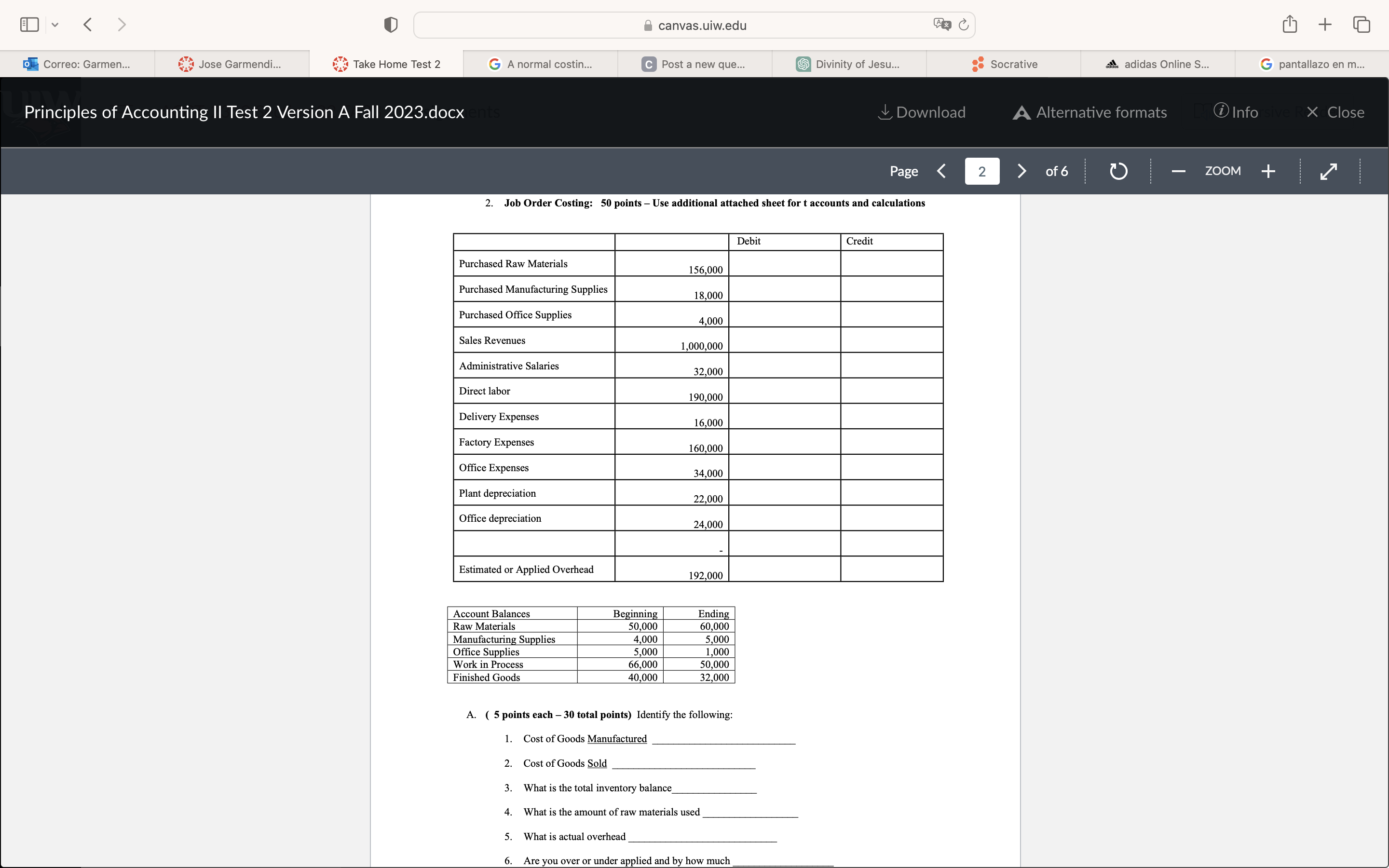 2. Job Order Costing: 50 points - Use additional attached sheet