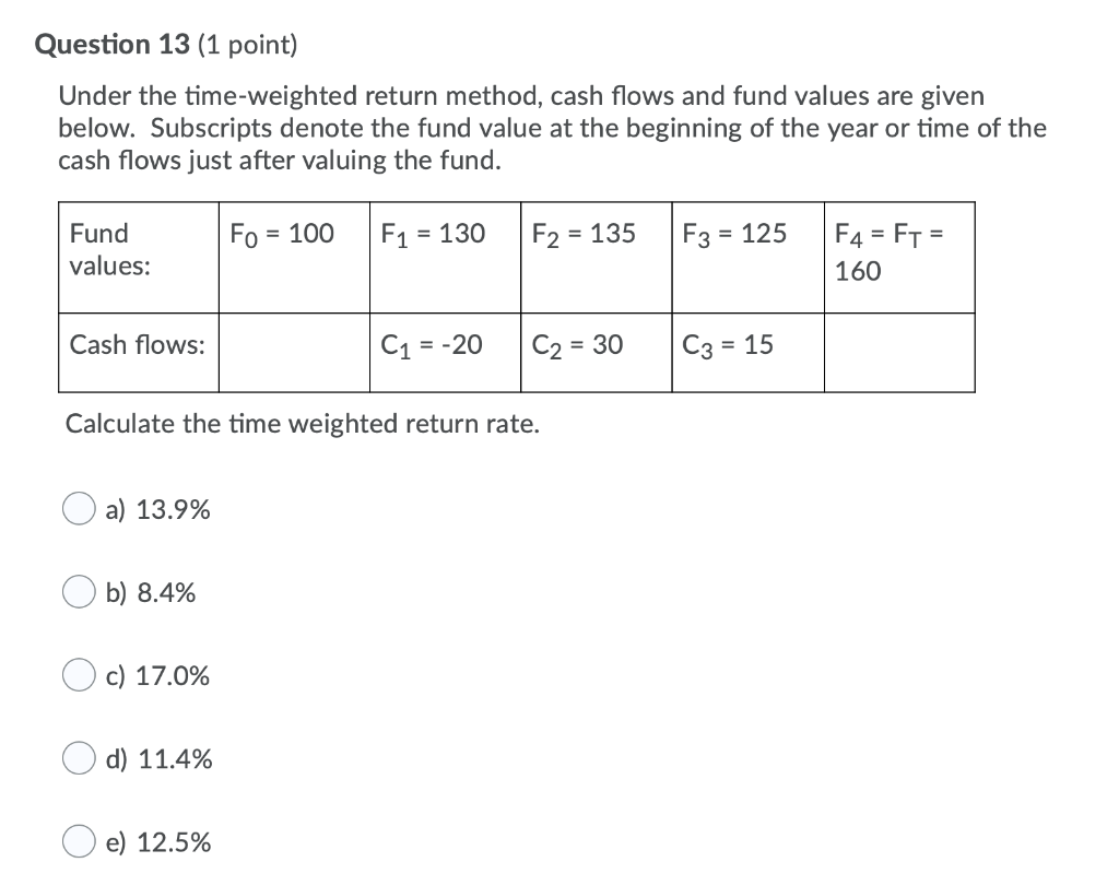  Question 13 (1 point) Under the time-weighted return method, cash flows