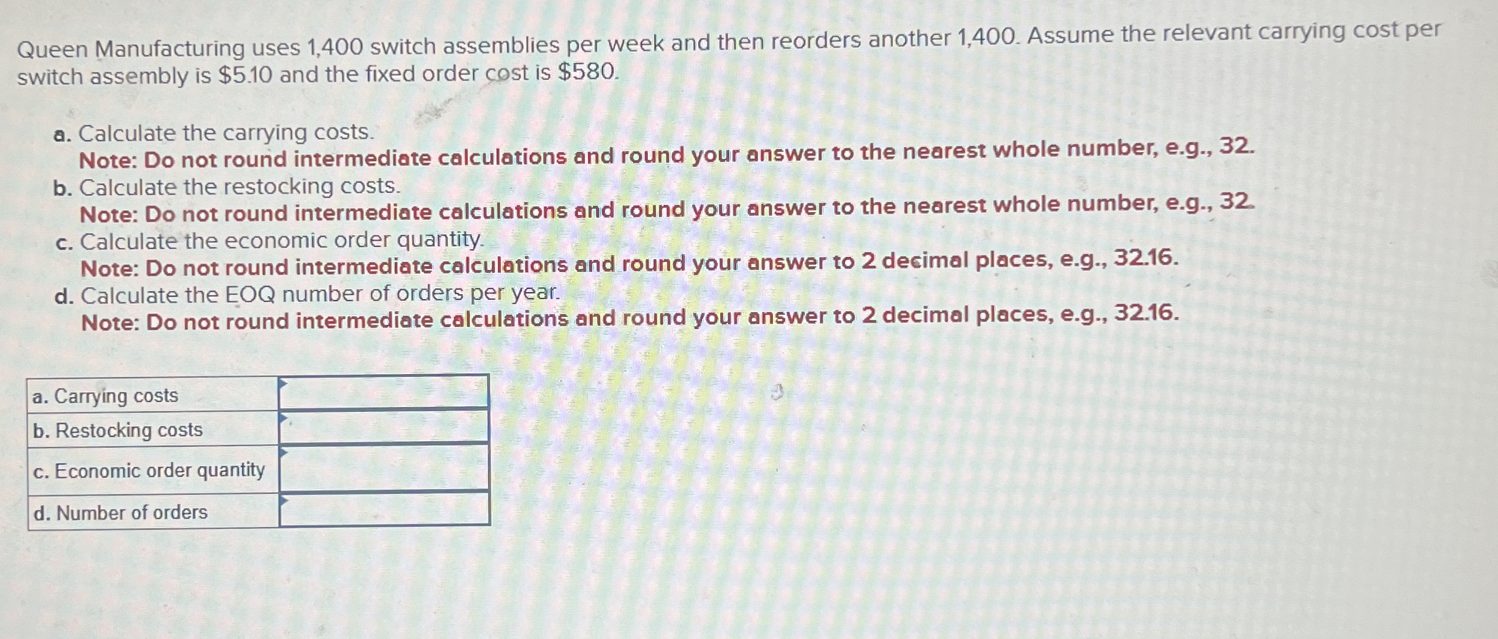  Queen Manufacturing uses 1,400 switch assemblies per week and then reorders