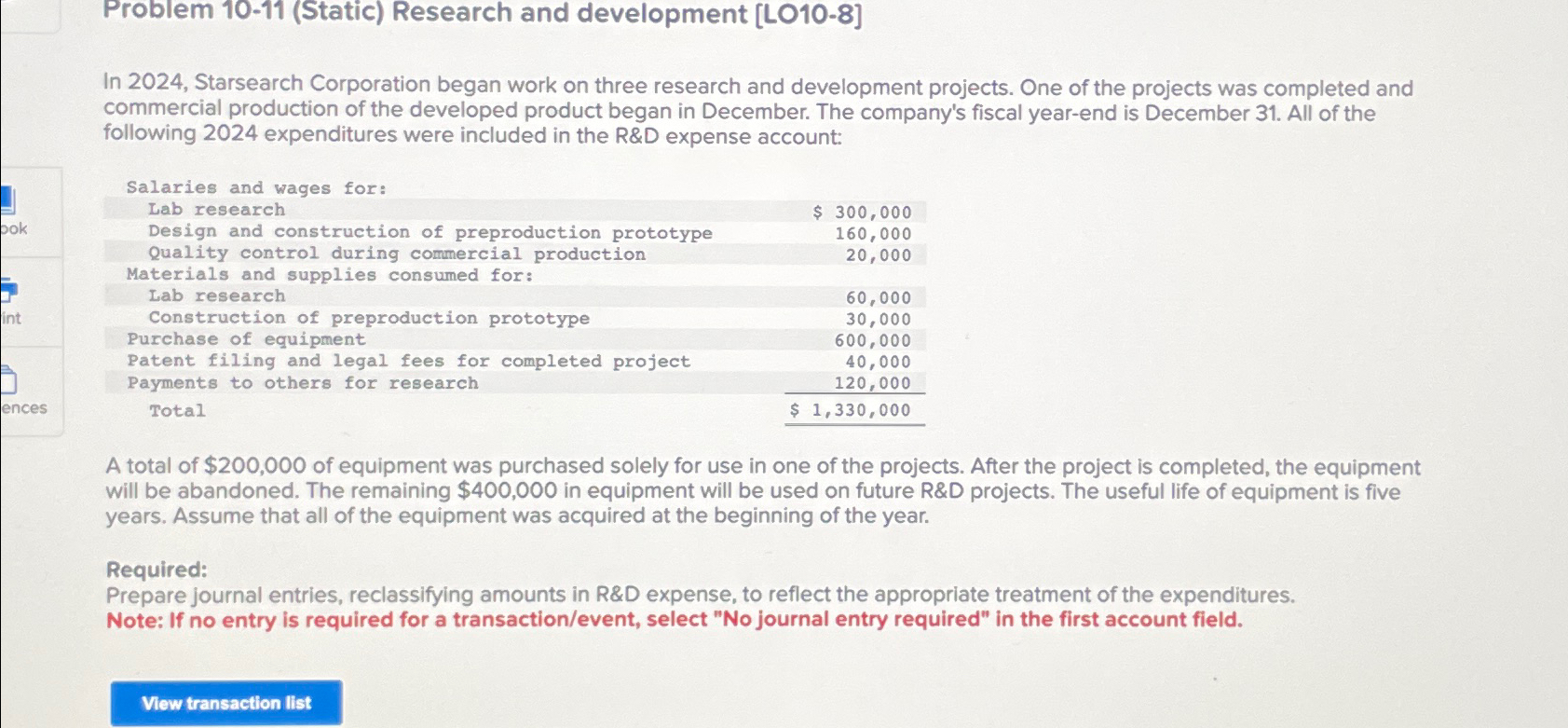  Problem 10-11(Static) Research and development [L010-8] In 2024, Starsearch Corporation began
