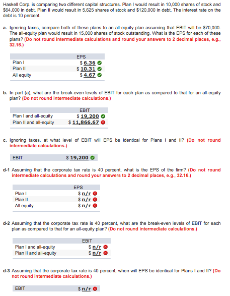  Haskell Corp. is comparing two different capital structures. Plan I would