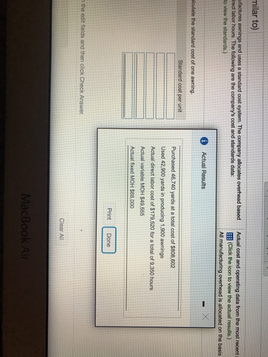 to) Poul Awning manufactures awnings and uses a standard cost system. The