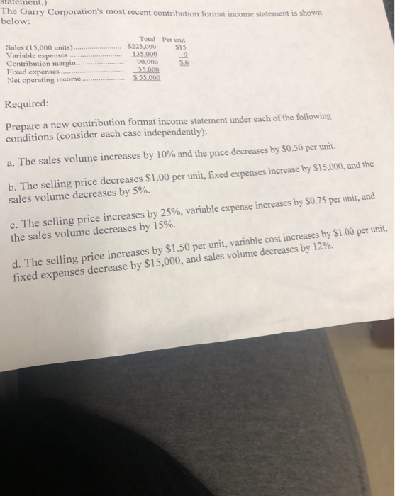  Statement.) The Garry Corporation's most recent contribution format income statement is