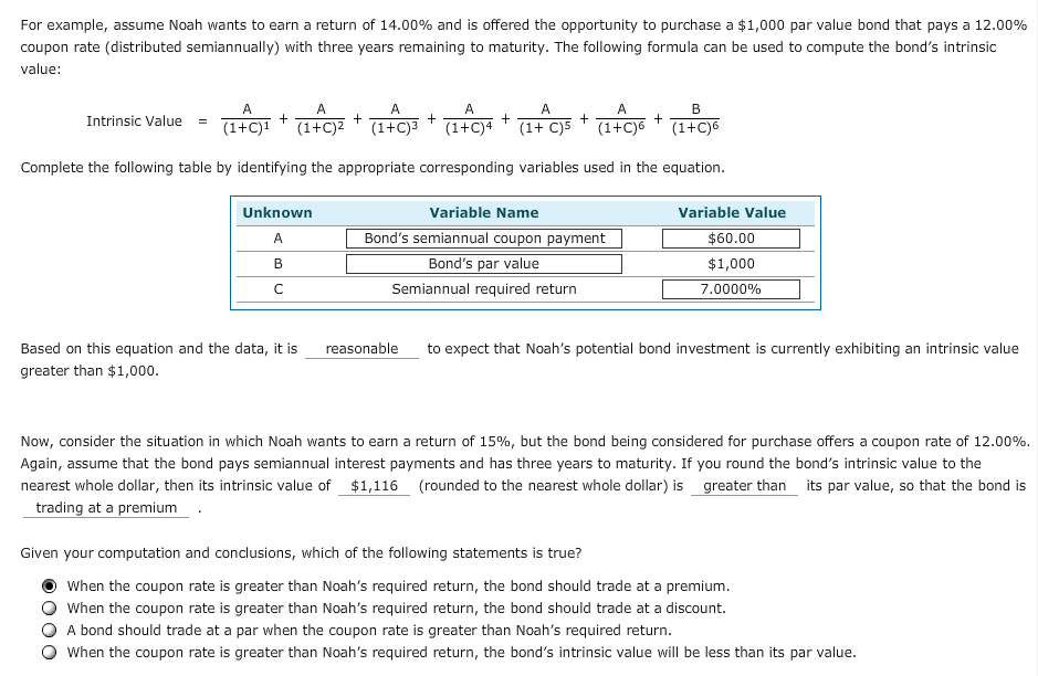Bond Valuation: For example, assume Noah wants to earn a return of