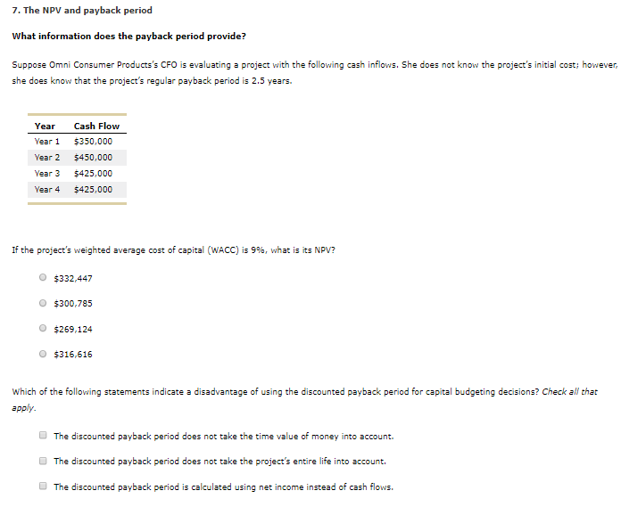 7. The NPV and payback period What information does the payback