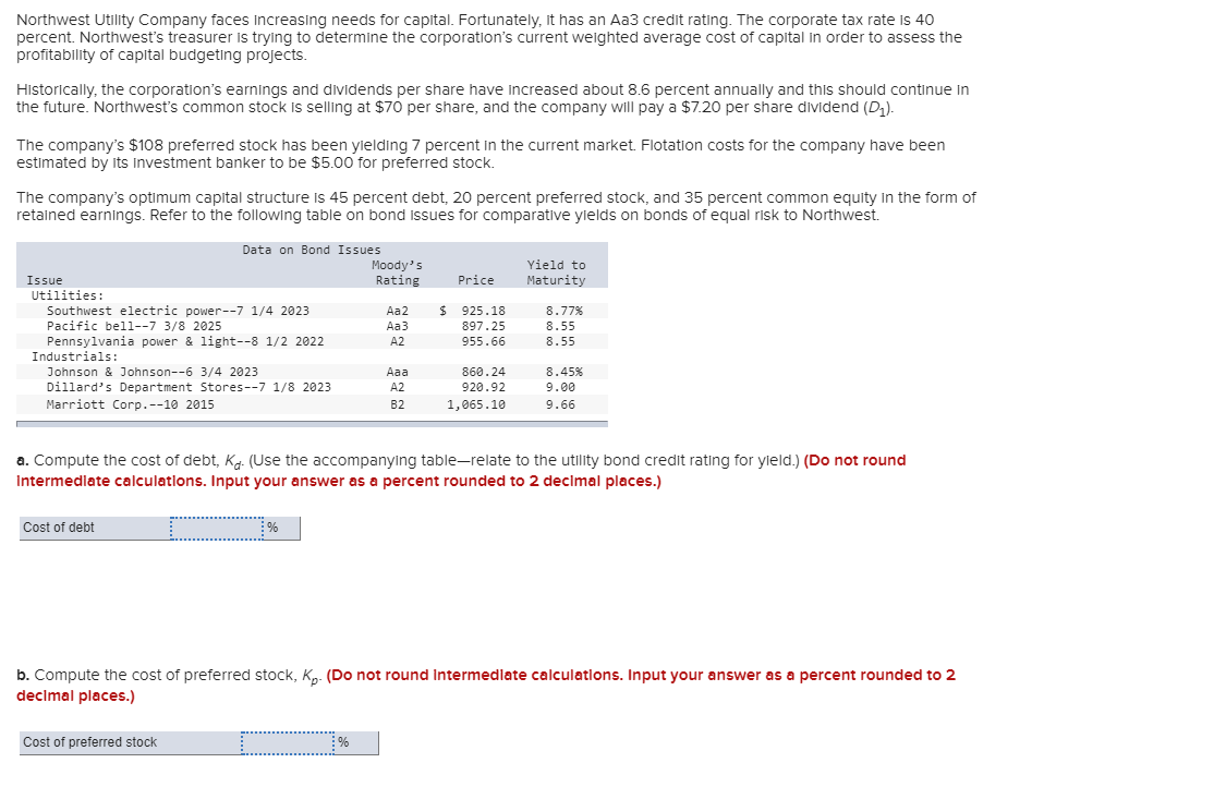 Northwest Utility Company faces increasing needs for capital. Fortunately, it has an