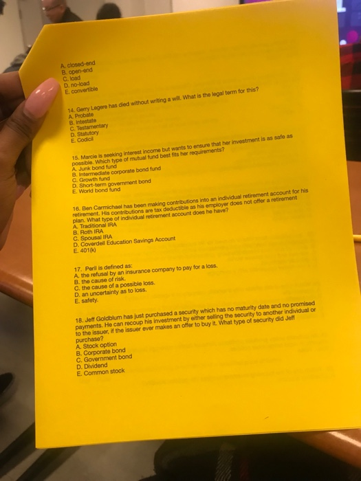  A. closed-end C. load D. no-load E. convertible 14. Gey Legere