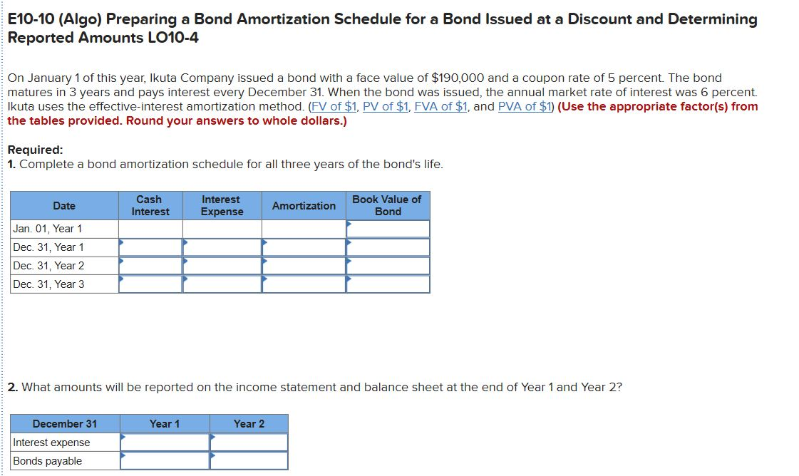 E10-10 (Algo) Preparing a Bond Amortization Schedule for a Bond Issued