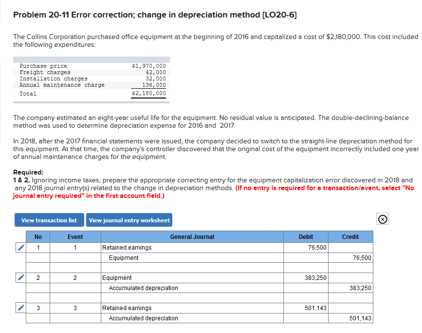 Cannot get correct. Please give help. Problem 20-11 Error correction; change in