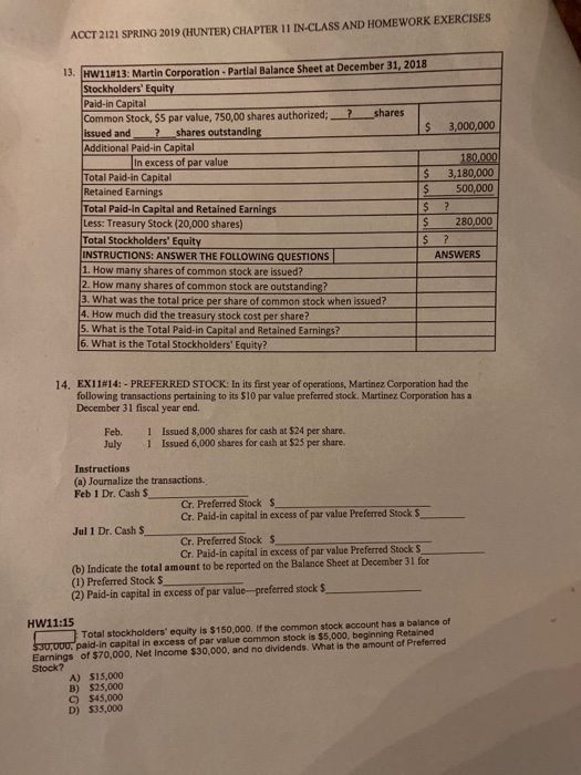  ACCT 2121 SPRING 2019 (HUNTER) CHAPTER 11 IN-CLASS AND HOMEWORK EXERCISES