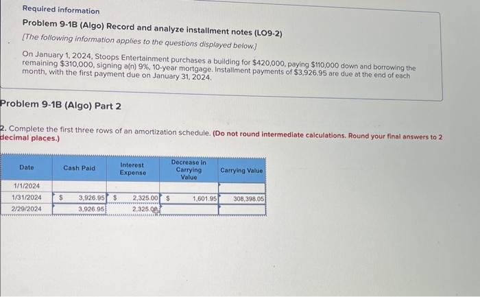 HELP PLEASE! Required information Problem 9-1B (Algo) Record and analyze installment notes