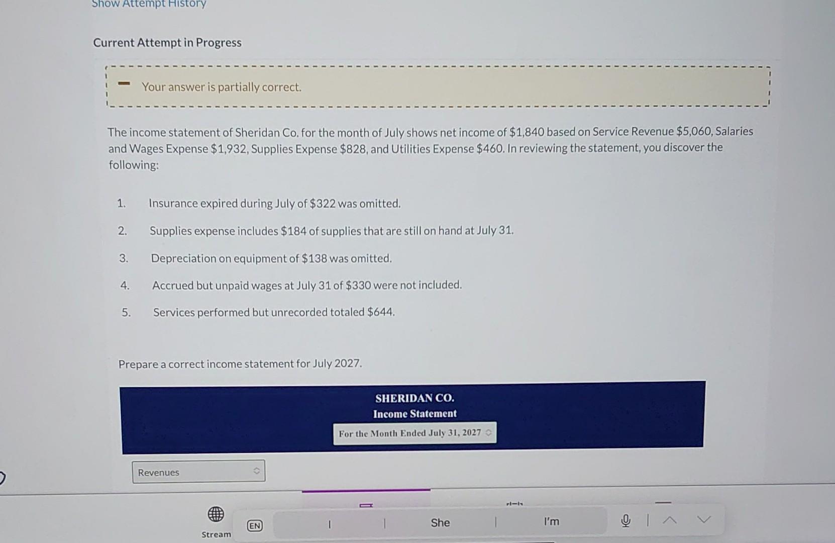  Current Attempt in Progress Your answer is partially correct. The income