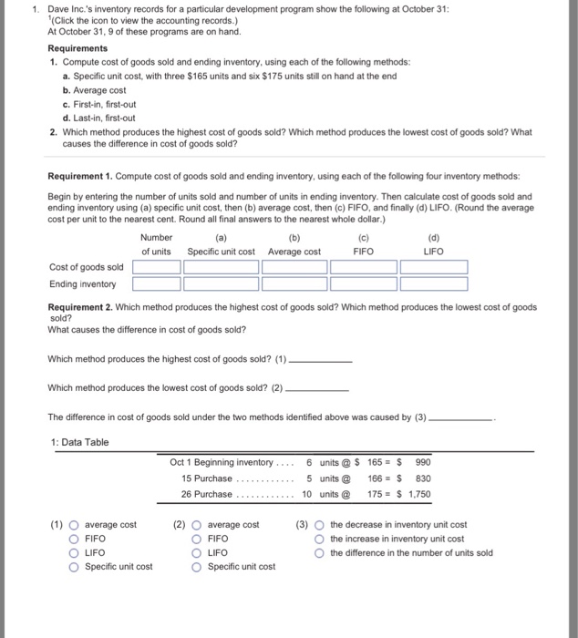  1. Dave Inc.'s inventory records for a particular development program show