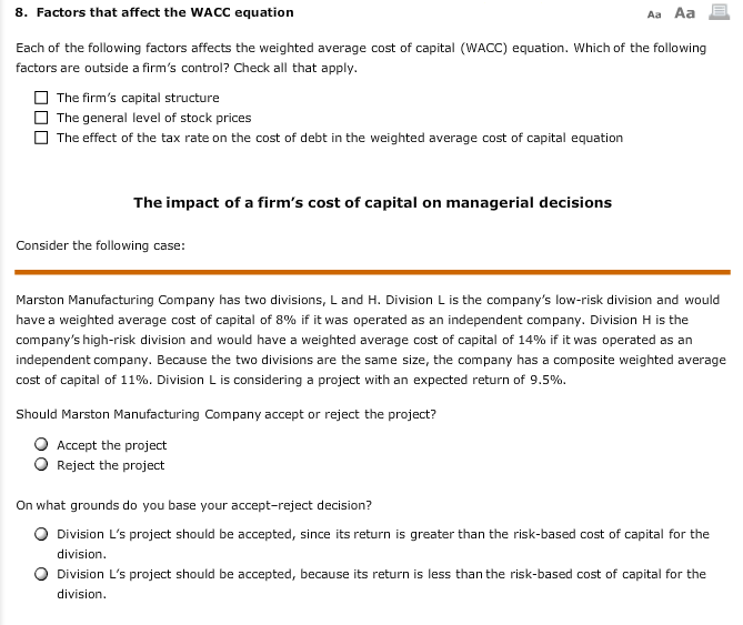 8. Factors that affect the WACC equation Aa Aa Each of