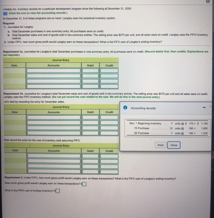  Langley Inc, Inventory records for a particular development program show the