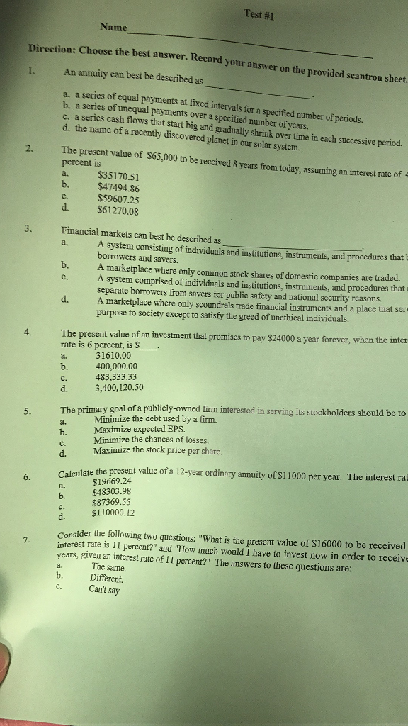  Test #1 Name Direction: Choose the best answer. Record your answer