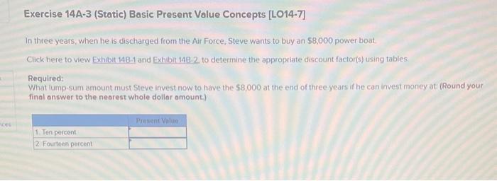  Exercise 14A-3 (Static) Basic Present Value Concepts [LO14-7] In three years,