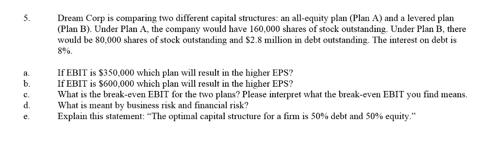  Dream Corp is comparing two different capital structures: an all-equity plan