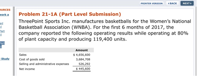  PRINTER VERSION BACK NEXT URCES orka Problem 21-1A (Part Level Submission)