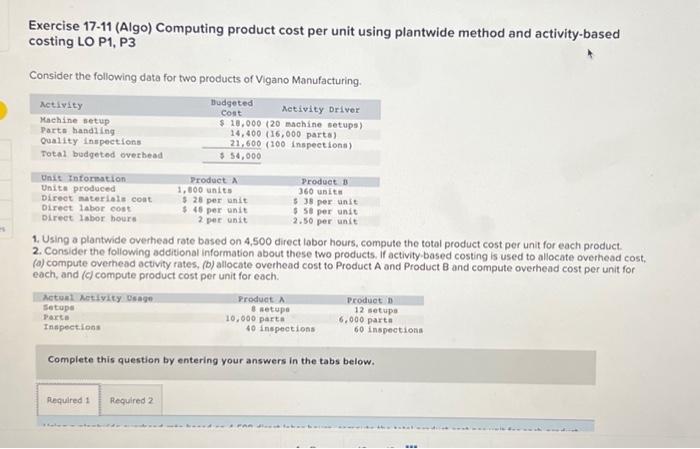  Exercise 1711 (Algo) Computing product cost per unit using plantwide method