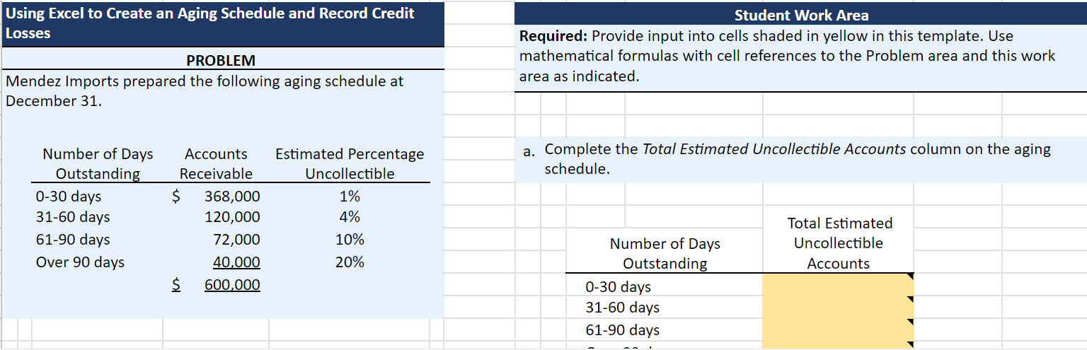 \begin{tabular}{|c|c|c|c|c|c|c|} \hline \multirow{2}{*}{\multicolumn{3}{|c|}{\begin{tabular}{l} Using Excel to Create an Aging Schedule and