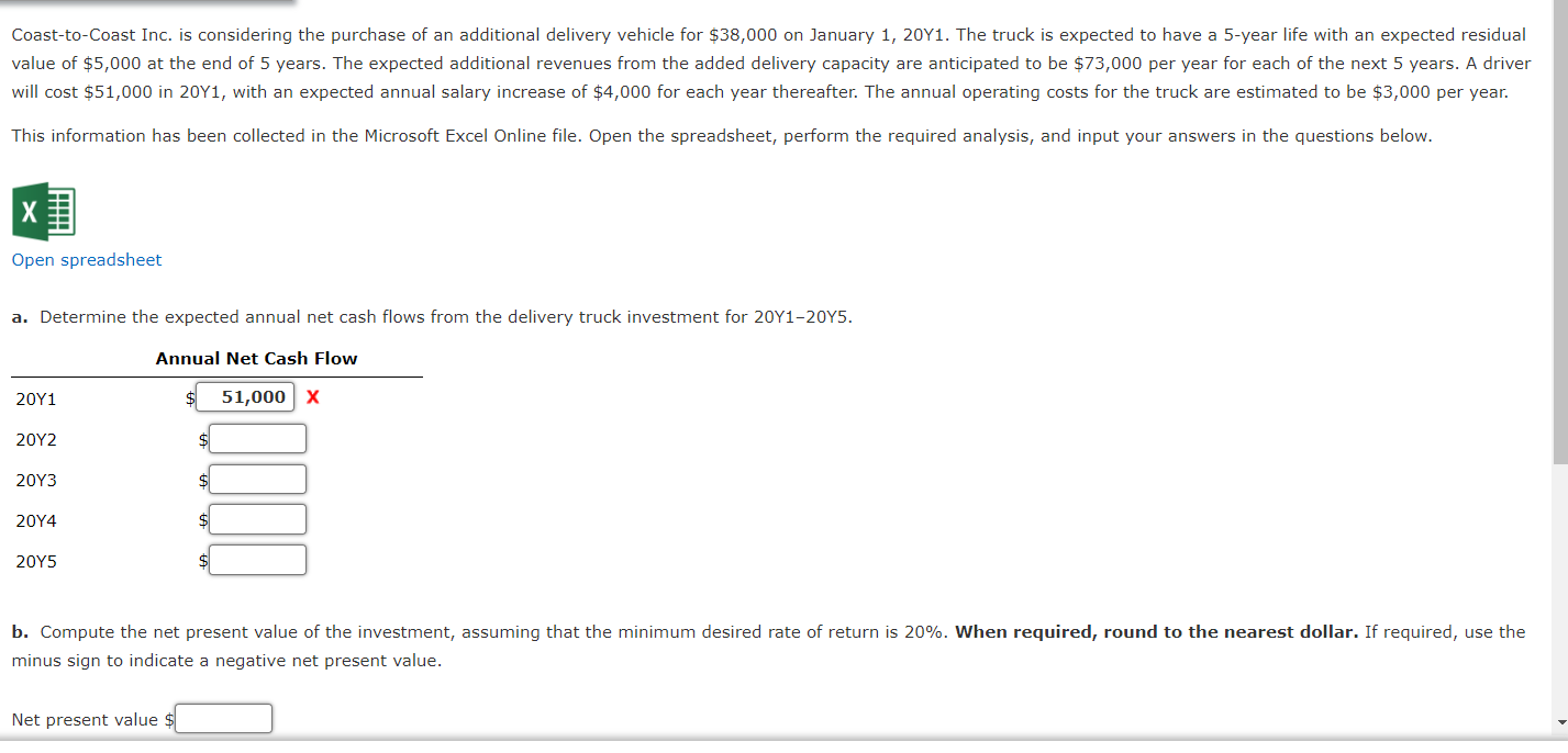 Open spreadsheet a. Determine the expected annual net cash flows from the
