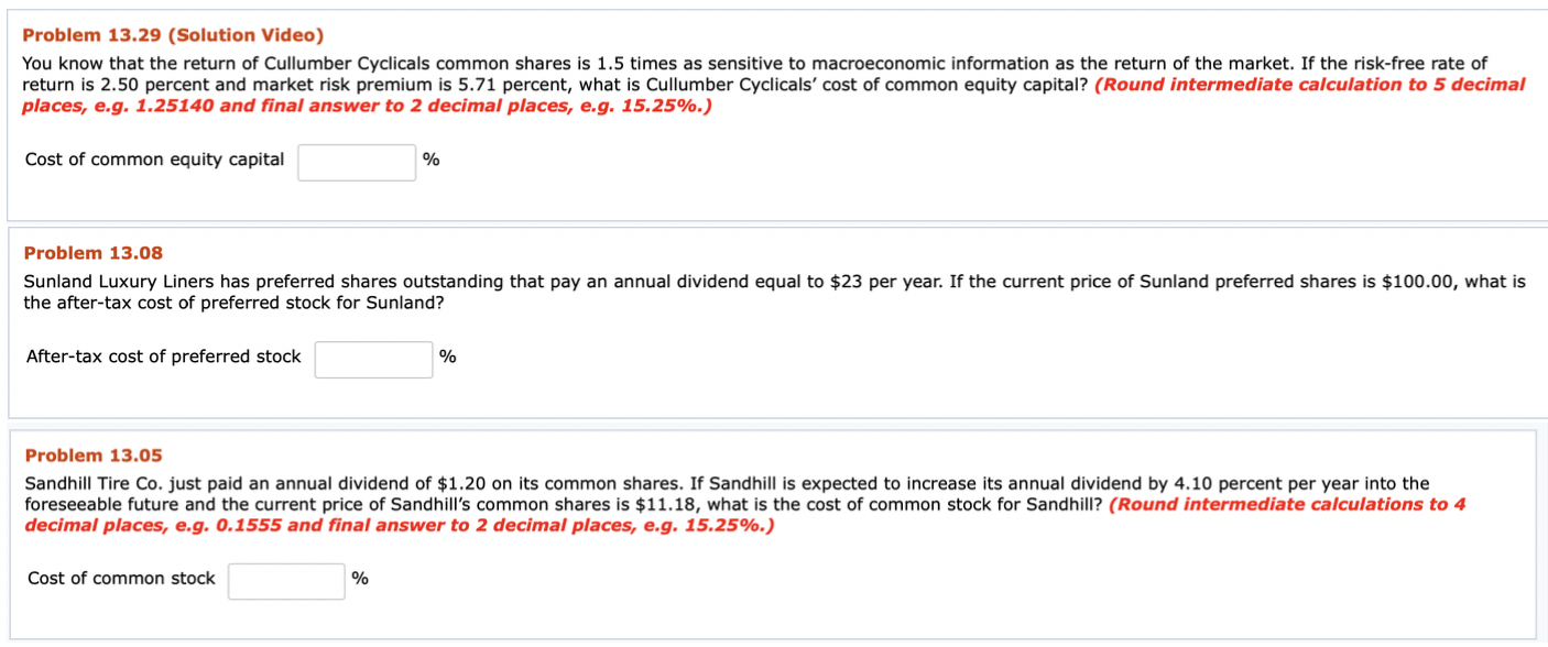  Problem 13.29 (Solution Video) You know that the return of Cullumber