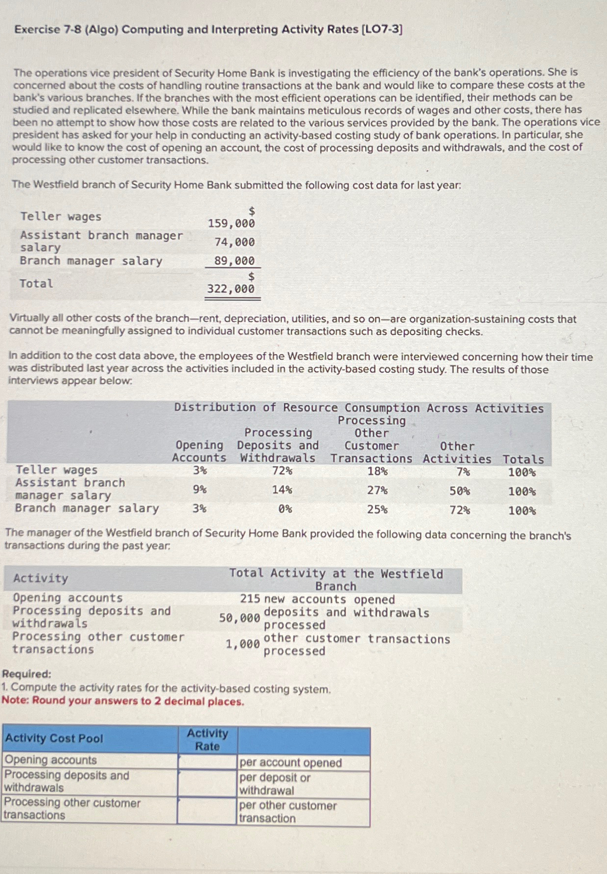  Exercise 7-8(Algo) Computing and Interpreting Activity Rates [LO7-3] The operations vice