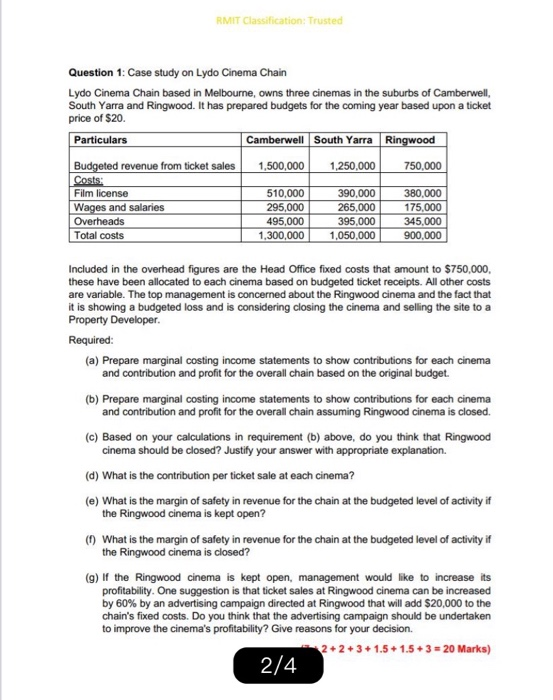  RMIT Classification: Trusted Question 1: Case study on Lydo Cinema Chain