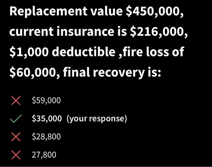 please answer with steps Replacement value $450,000, current insurance is $216,000, $1,000
