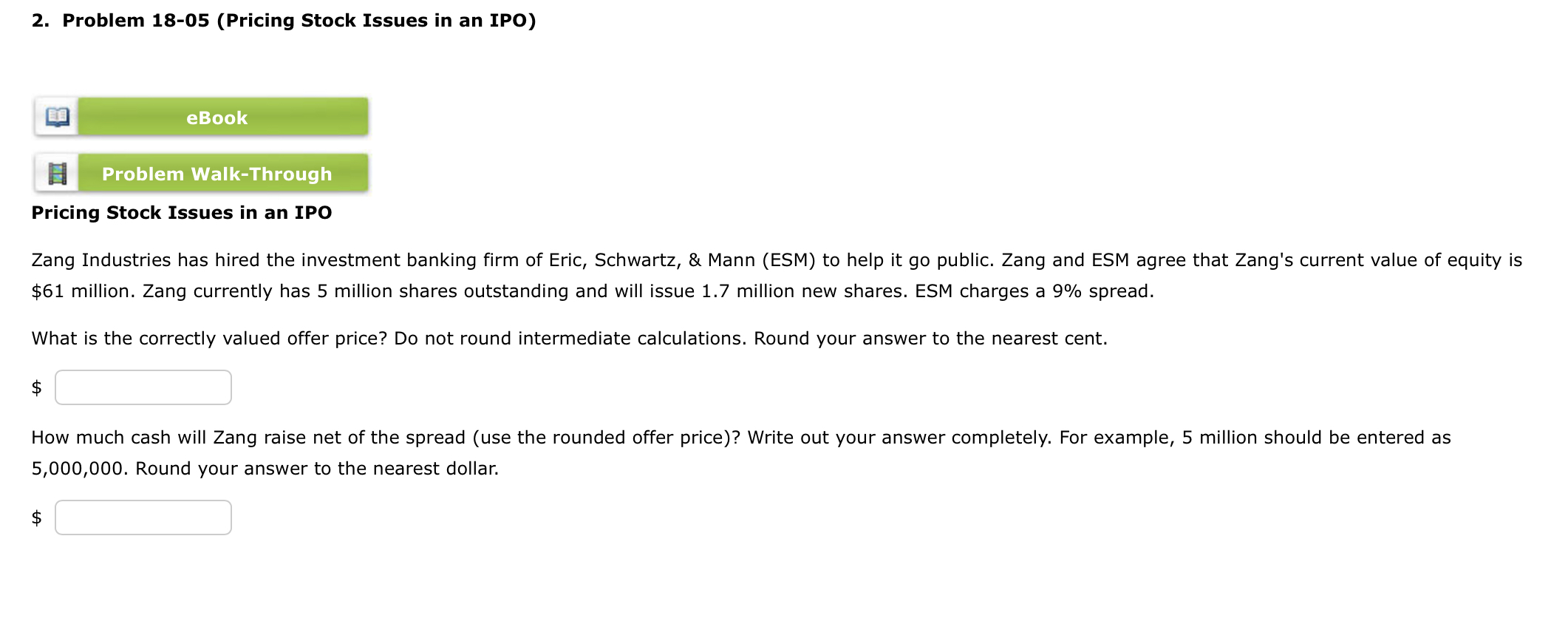 2. Problem 18-05 (Pricing Stock Issues in an IPO) Pricing Stock