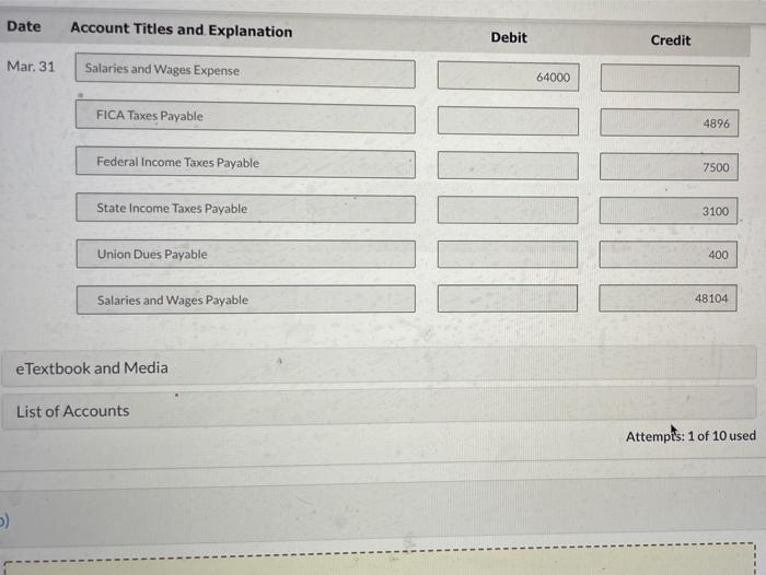 Progress During the month of March, Munster Company's employees earned wages of