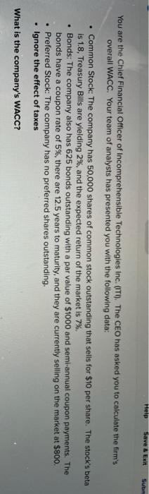  Help Save & Ex Sub You are the Chief Financial Officer