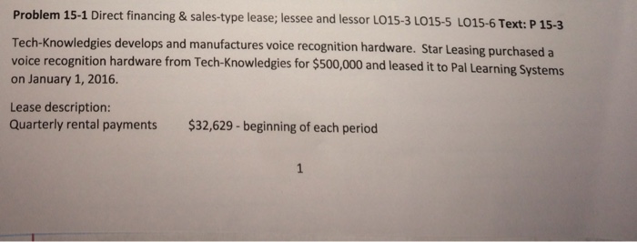 Problem 15-1 Direct financing & sales-type lease; le Tech-Knowledgies develops and