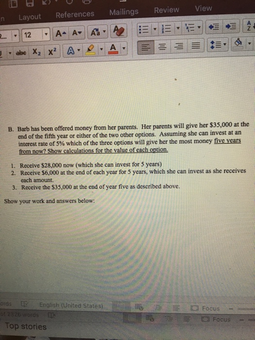  n Layout References Mailings Review View B. Barb has been offered