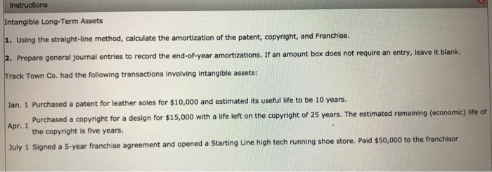  Instructions Intangible Long-Term Assets 1. Using the straight-line method, calculate the