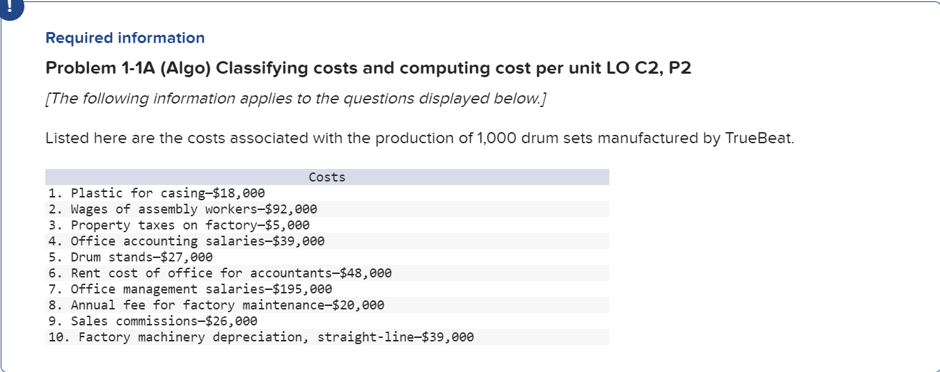 Problem 1-1A (Algo) Classifying costs and computing cost per unit LO