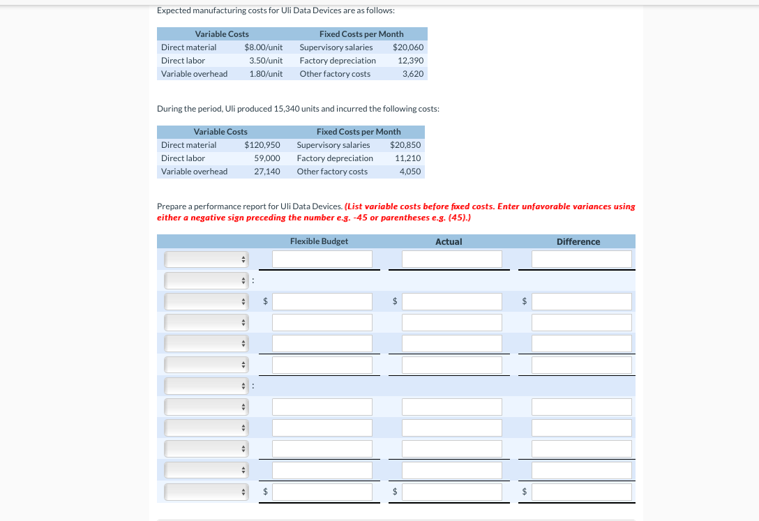  Expected manufacturing costs for Uli Data Devices are as follows: Variable