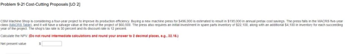  Problem 9-21 Cost-cutting Proposals tL2] CSM Machine Shop is considering a