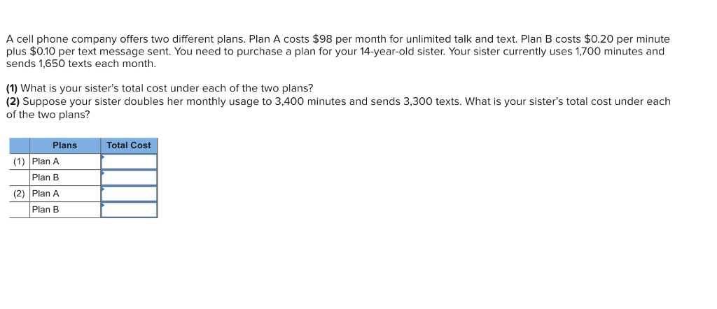 A cell phone company offers two different plans. Plan A costs