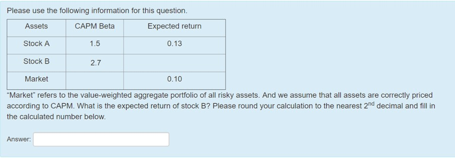  Please use the following information for this question. CAPM Beta 1.5