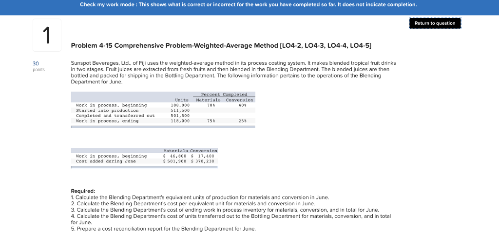  Problem 4-15 Comprehensive Problem-Weighted-Average Method [LO4-2, LO4-3, LO4-4, LO4-5] Sunspot Beverages,