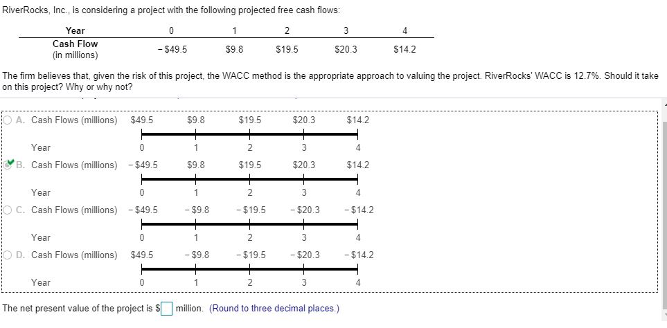 RiverRocks, Inc., is considering a project with the following projected free