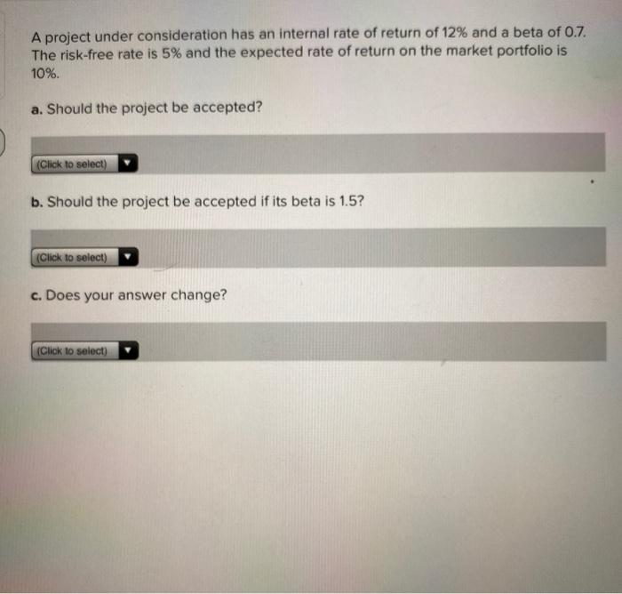  A project under consideration has an internal rate of return of