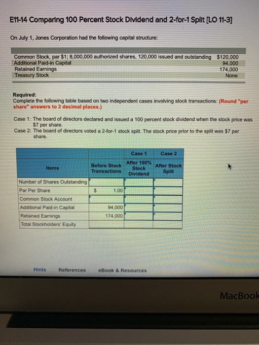  E11-14 Comparing 100 Percent Stock Dividend and 2-for-1 Split LO 11-3]