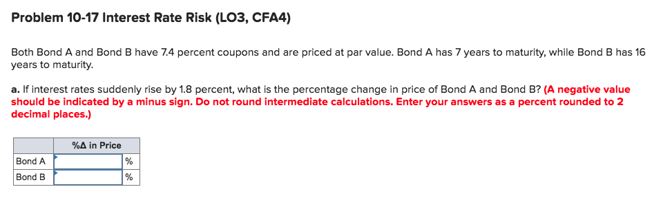  Problem 10-17 Interest Rate Risk (LO3, CFA4) Both Bond A and