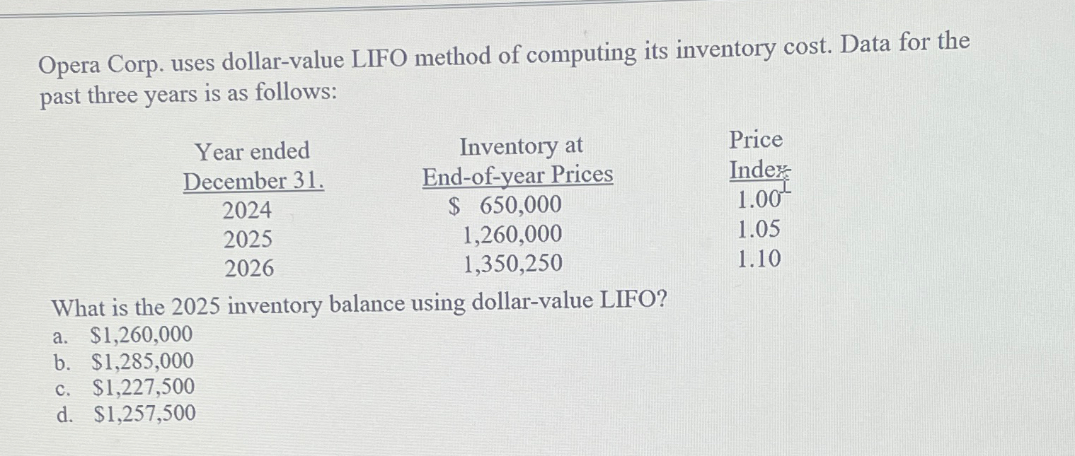  Opera Corp. uses dollar-value LIFO method of computing its inventory cost.