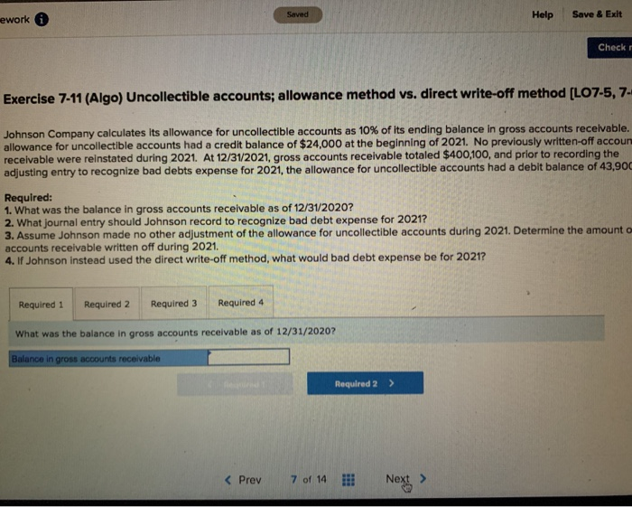  Saved Help ework 0 Save & Exit Checkr Exercise 7-11 (Algo)