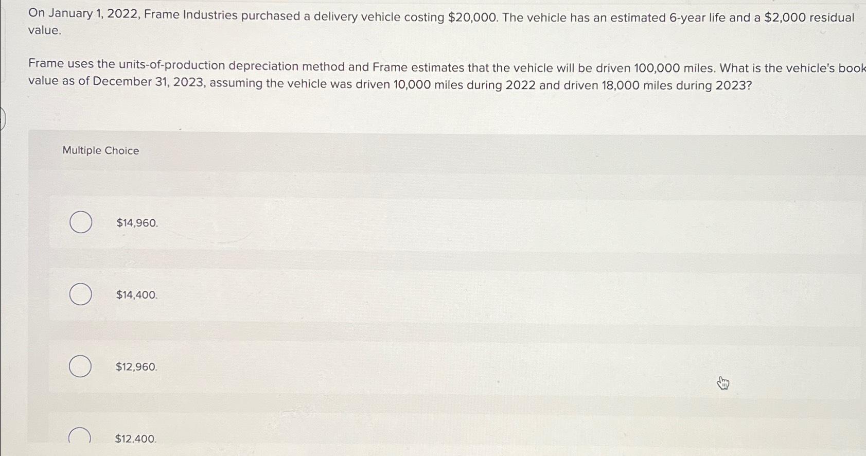  On January 1,2022, Frame Industries purchased a delivery vehicle costing $20,000.