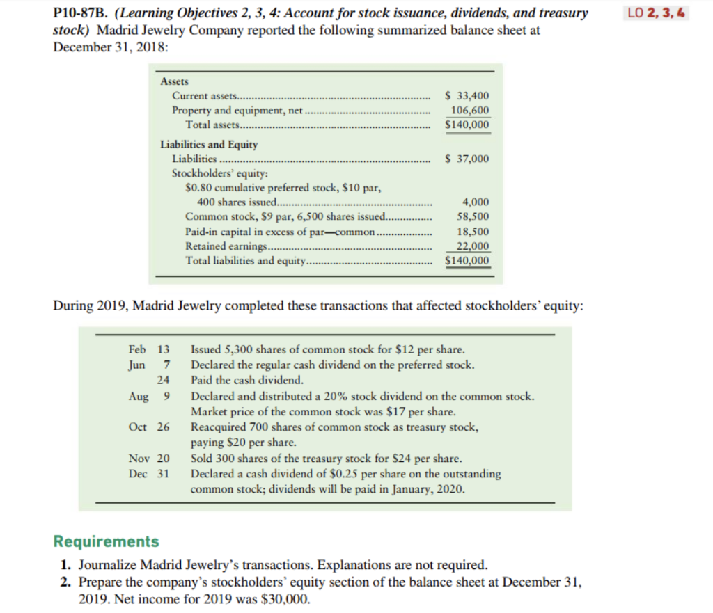 P10-87B. (Learning Objectives 2, 3, 4: Account for stock issuance, dividends,